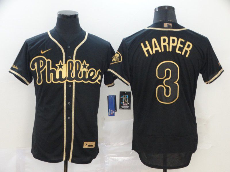 Men Philadelphia Phillies 3 Harper Black Retro gold character Nike MLB Jerseys